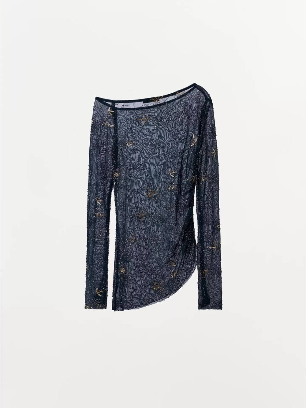 Zara Draped Beaded Embroidered Tulle Long-Sleeve Top - Navy size Large